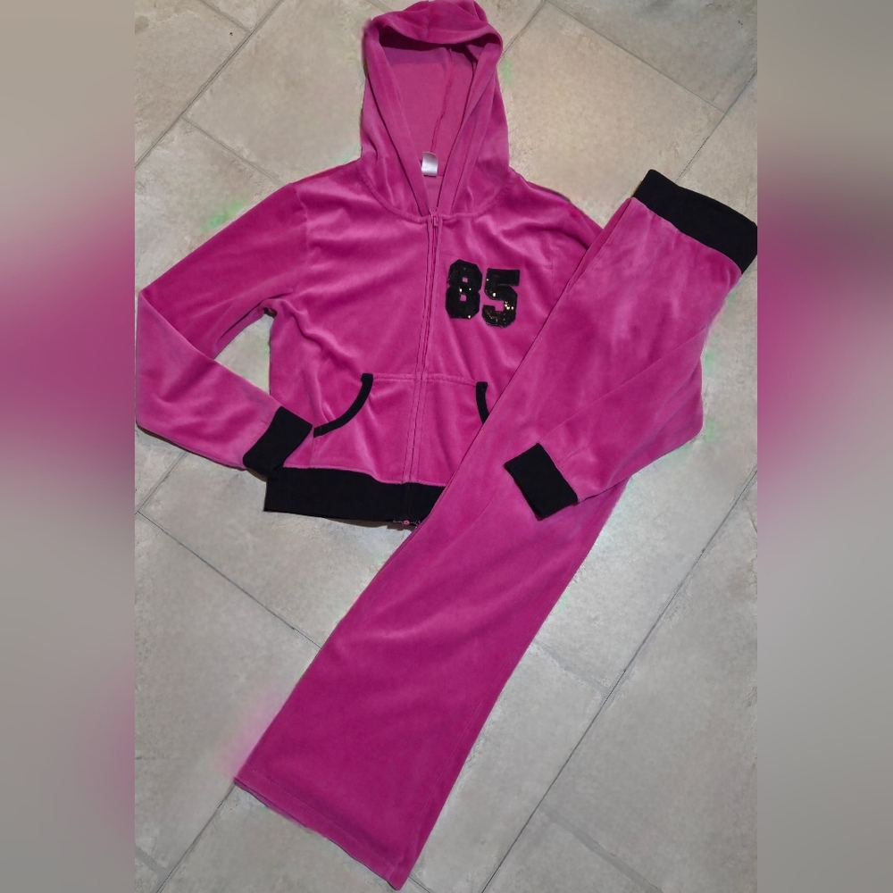 Womens Y2K Vintage Blingy Velour Pink & Black Flared Tracksuit Size M (fits S)